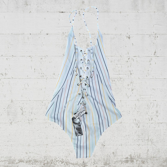 Tavik White Colorful Striped Retro Lace Up Monahan One Piece Swimsuit Size Small - Picture 7 of 8